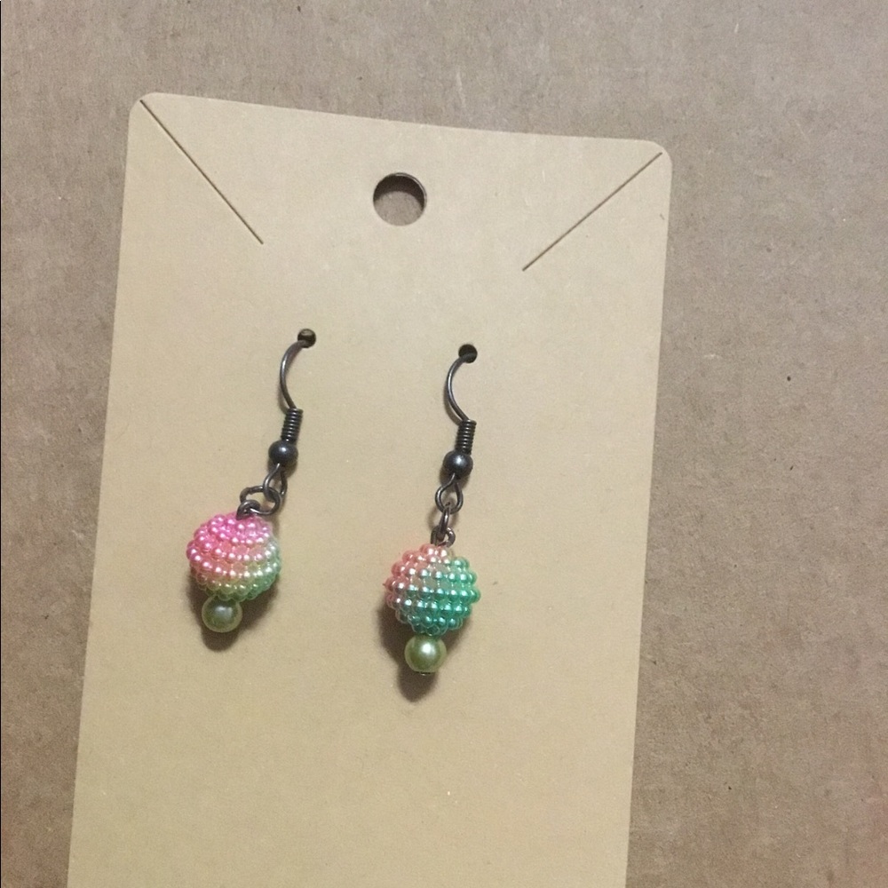 Pink and green glass and acrylic handmade earrings